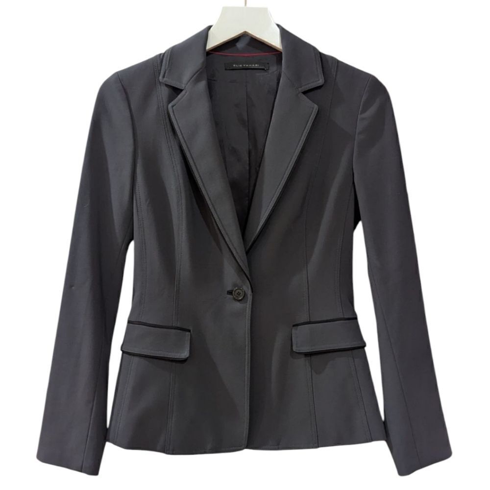 Elie Tahari Women's 2 Petite Single Button Wool Blazer in Grey with Black Trim